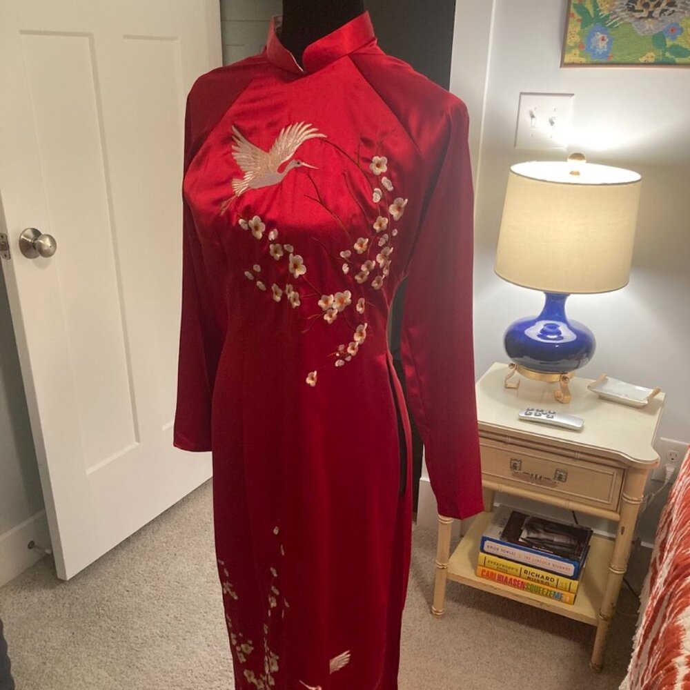 Red Satin Crane Embroidered Cheongsam Teatimer Dress